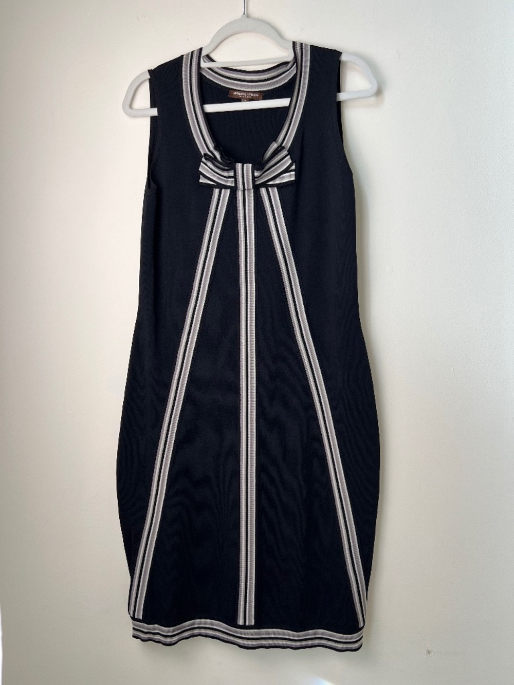 Adrienne Vittadini Black Knit Dress Sleeveless Bow Neck Striped Trim Size L
